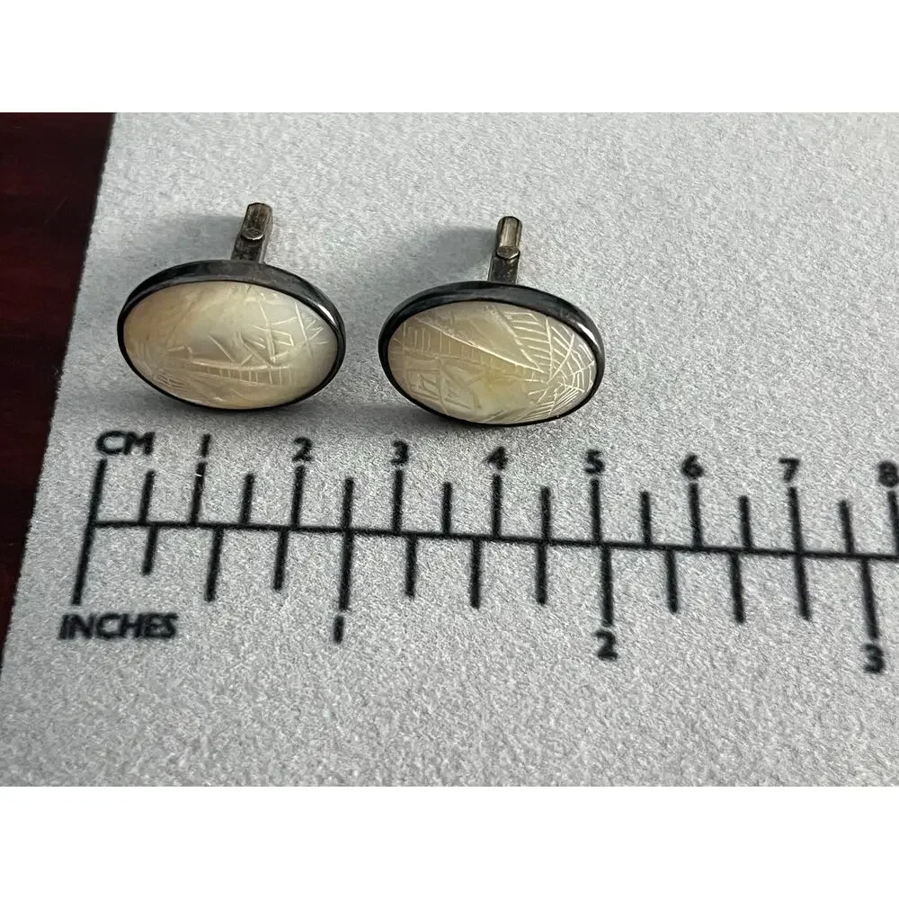 VTG Carved Mother of Pearl Sterling Silver Cufflinks Palm Tree Asian Beachy